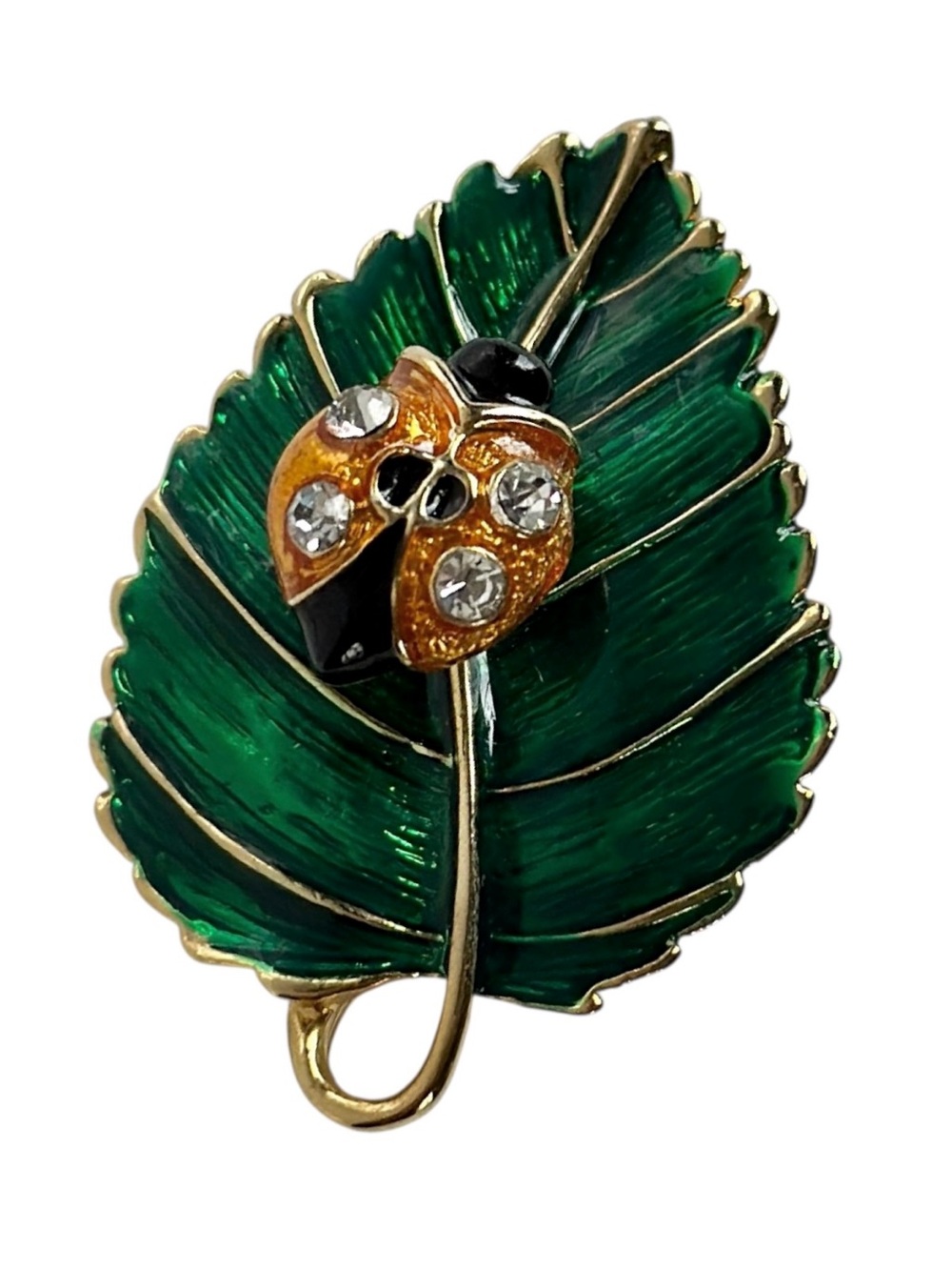 Vintage Enamel Ladybug Trembler Brooch Green Leaf Rhinestone Pin Articulated